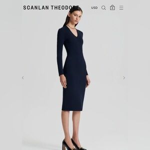 [$700] Scanlan Theodore Crepe Knit V Neck Navy Long Sleeve Dress. size Large